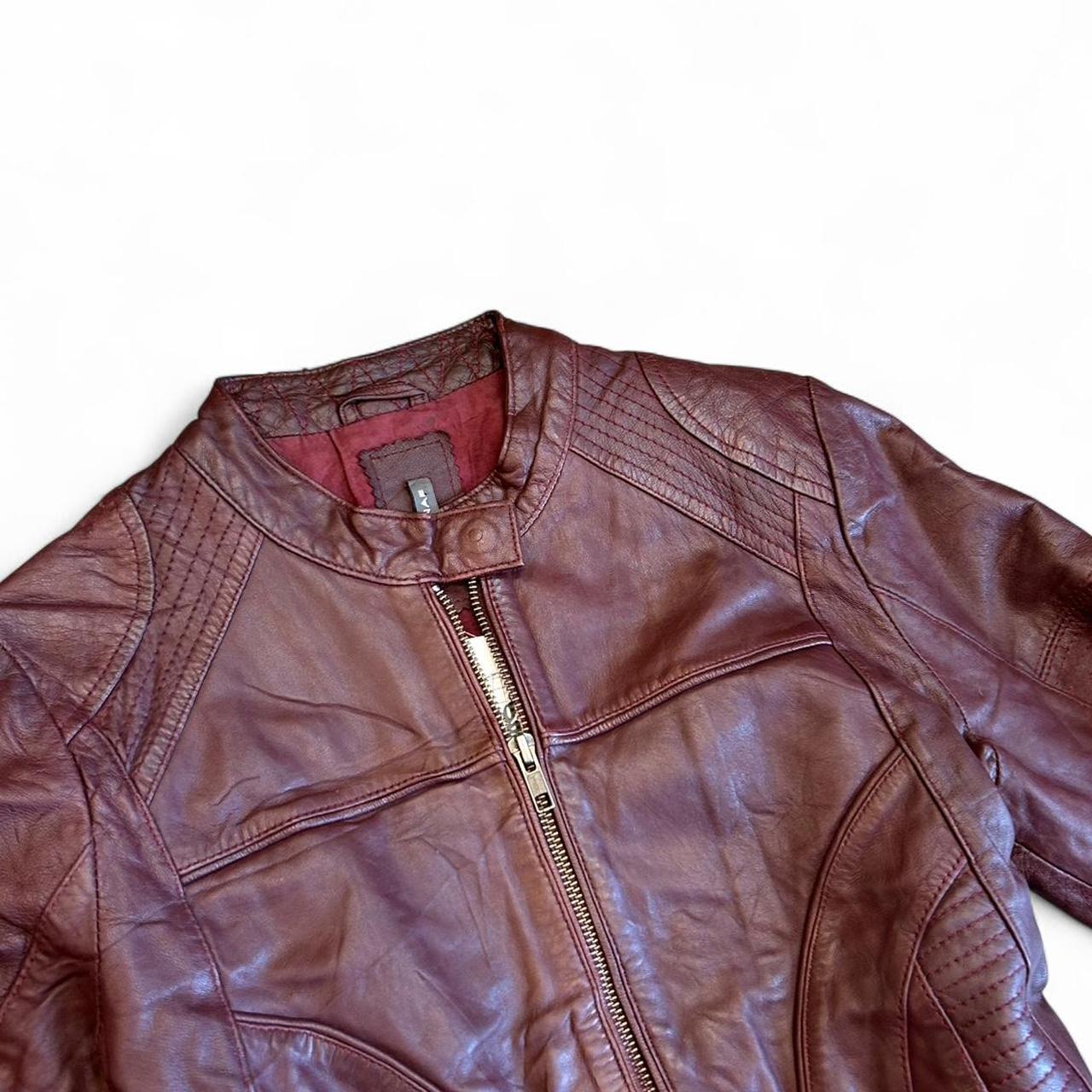 Vintage NafNaf Fitted Burgundy Moto Leather Jacket Y2K