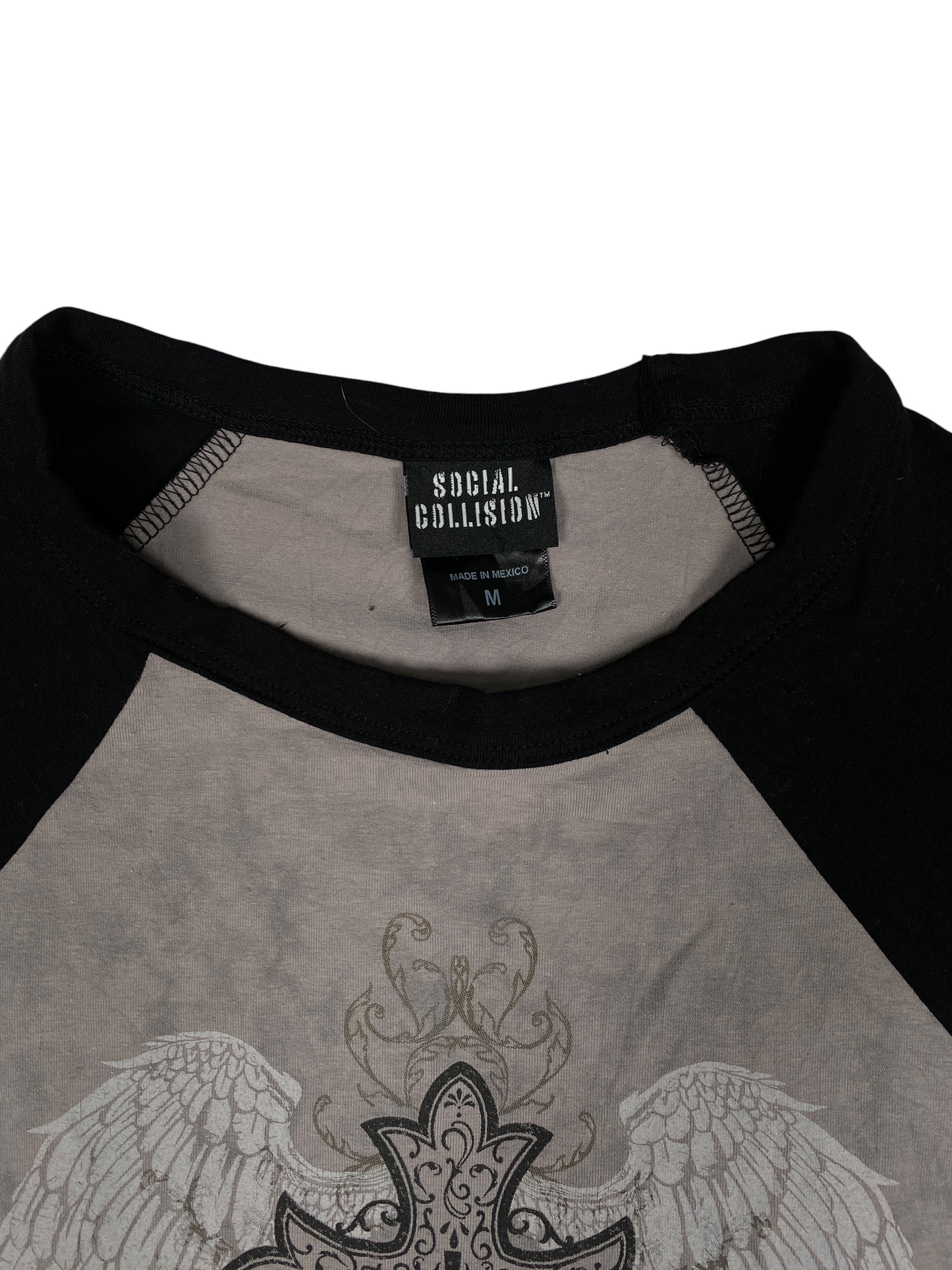 Y2K Two Toned Sleeve Cross Angle Wing Graphic Tee