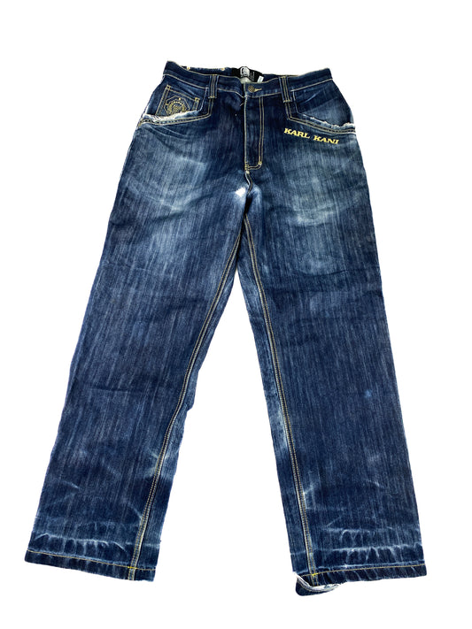 Dark Wash Blue Denim Golden Emboridered Baggy Jeans