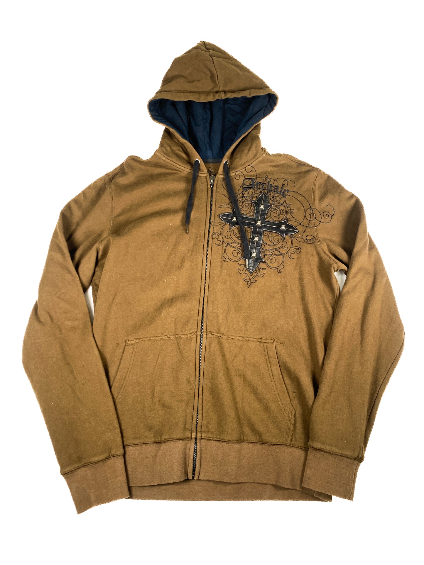 Studded Brown Cross Patch Zip-Up Hoodie