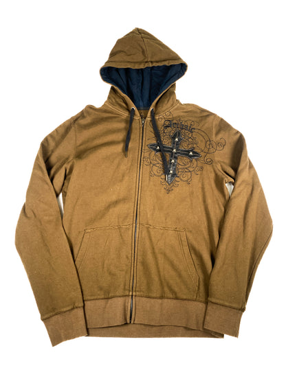 Studded Brown Cross Patch Zip-Up Hoodie