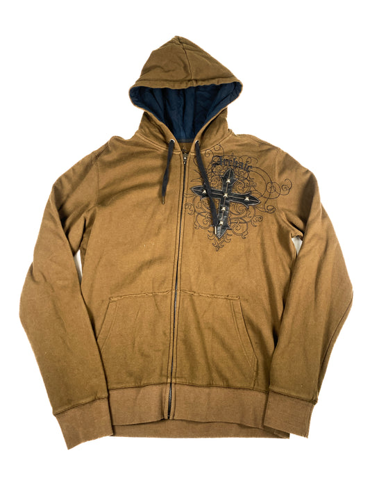 Studded Brown Cross Patch Zip-Up Hoodie