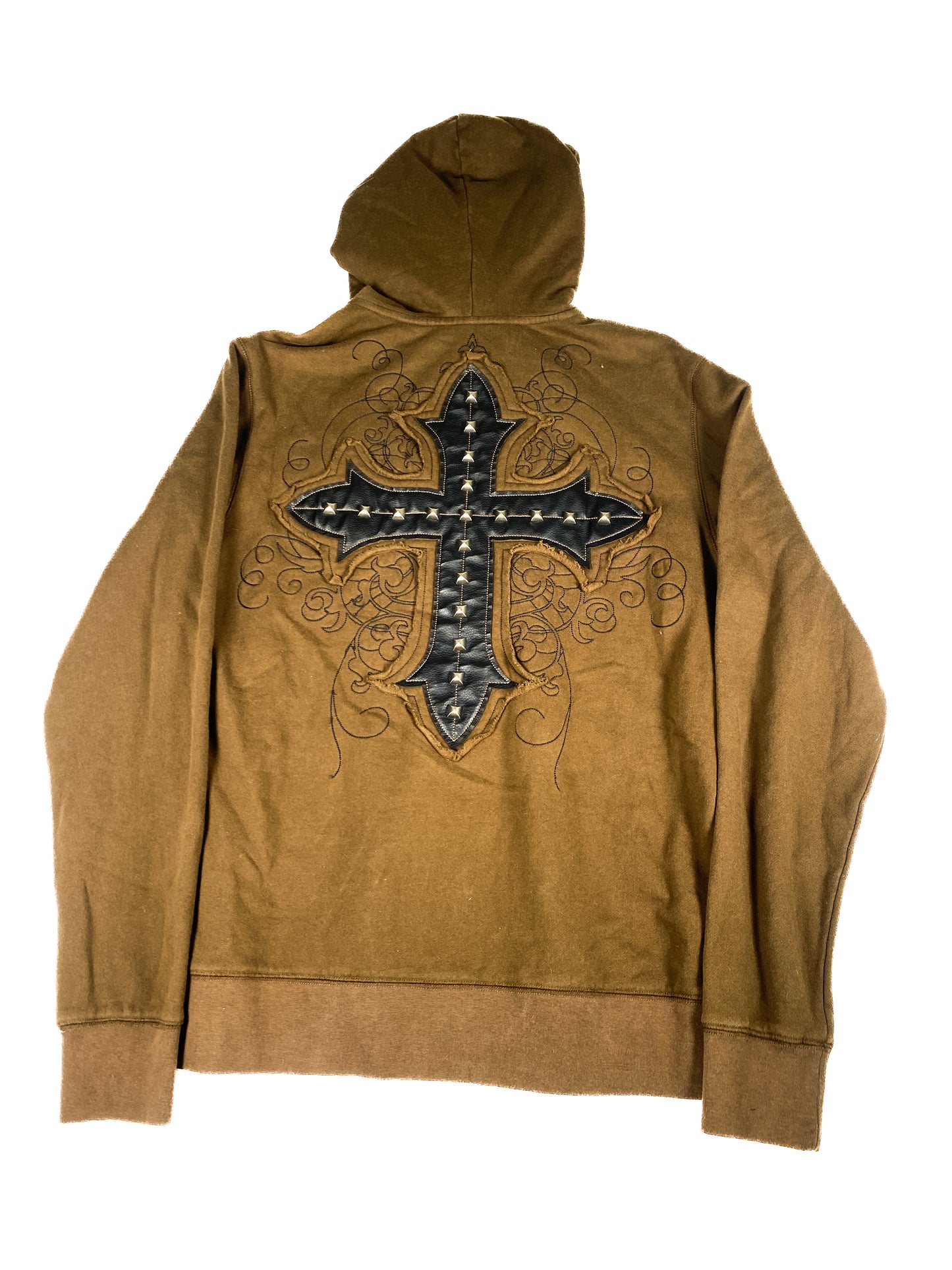 Studded Brown Cross Patch Zip-Up Hoodie