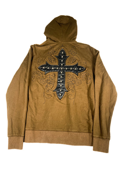 Studded Brown Cross Patch Zip-Up Hoodie