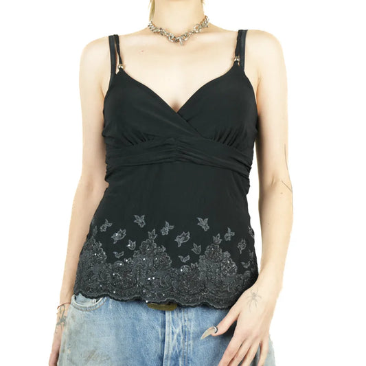 1990s Ribbed Flower Sequin Black Top