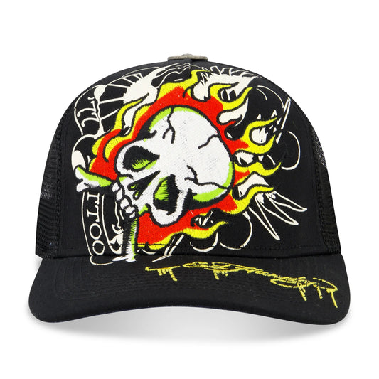 Ed Hardy Embroidered Fire Skull Trucker Hat