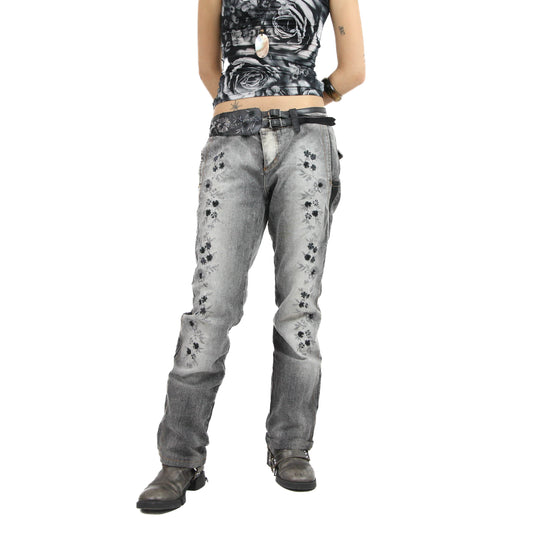 Gray Flower Embroidery Jeans