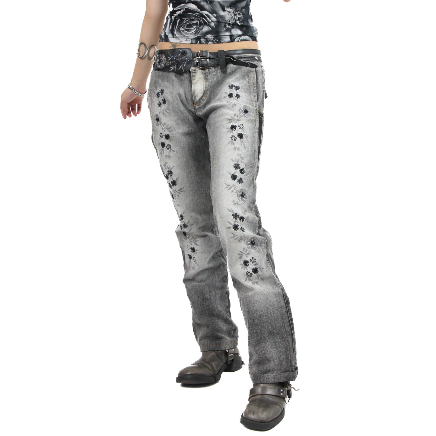 Gray Flower Embroidery Jeans