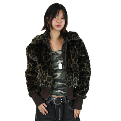 Cropped Leopard Print Bomber Jacket