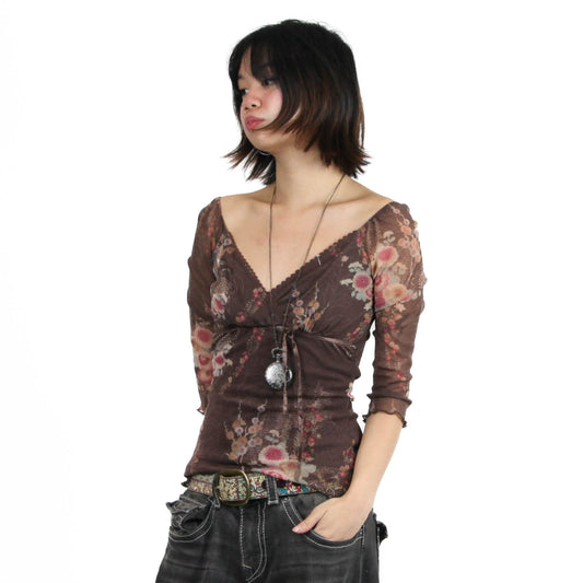 Brown Bohemian Flower Quarter-Sleeve Top