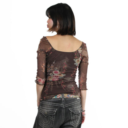 Brown Bohemian Flower Quarter-Sleeve Top