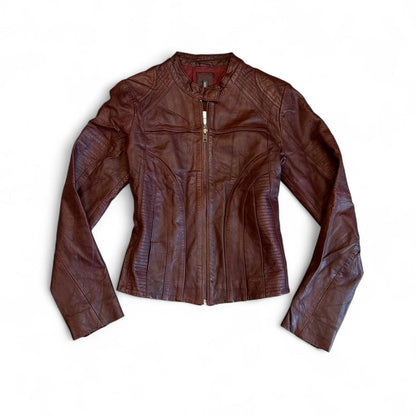 Vintage NafNaf Fitted Burgundy Moto Leather Jacket Y2K
