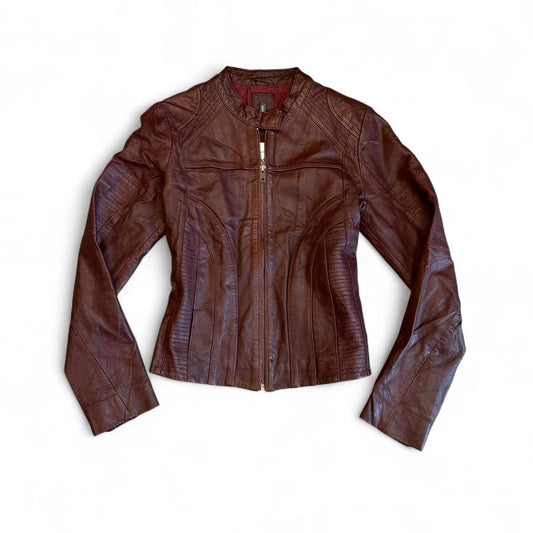 Vintage NafNaf Fitted Burgundy Moto Leather Jacket Y2K