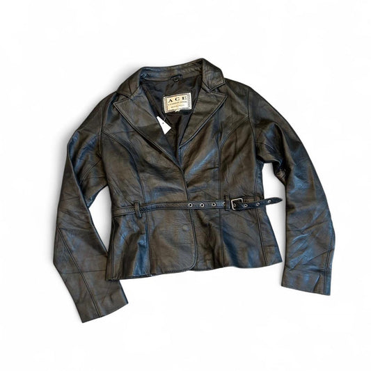 Vintage Belted Y2K Leather Moto Jacket Y2K Silver Black
