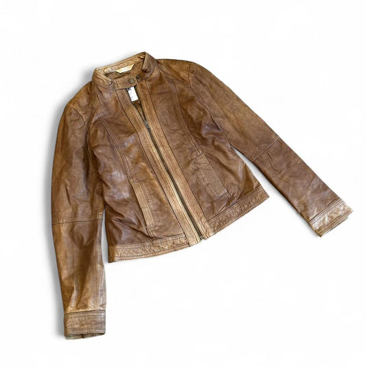 Vintage Y2K Promod Aged Brown Moto Leather Jacket