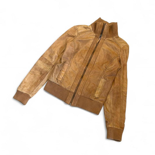 Brown Moto Leather Jacket Full Zip Y2K