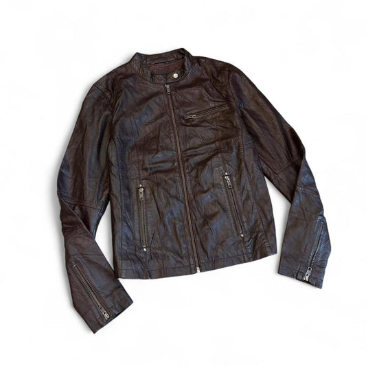 Vintage NafNaf Brown Leather Moto Jacket Y2K
