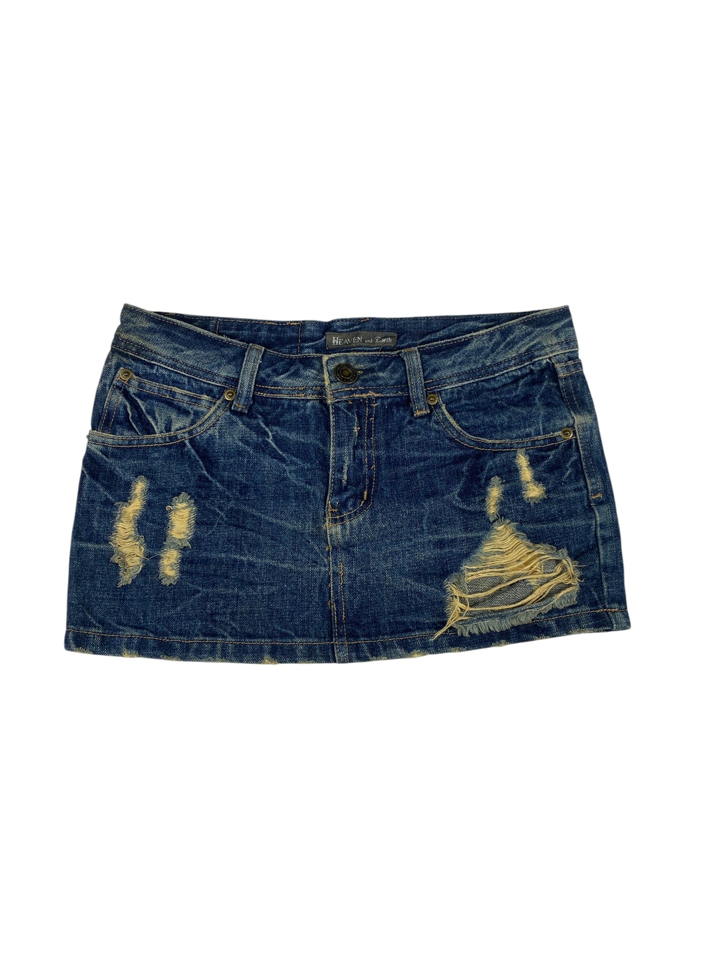 Heaven and Earth Distressed Dark Wash Denim Mini Skirt