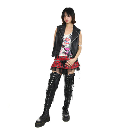 Punk-Style Red Skull Plaid Mini Skirt