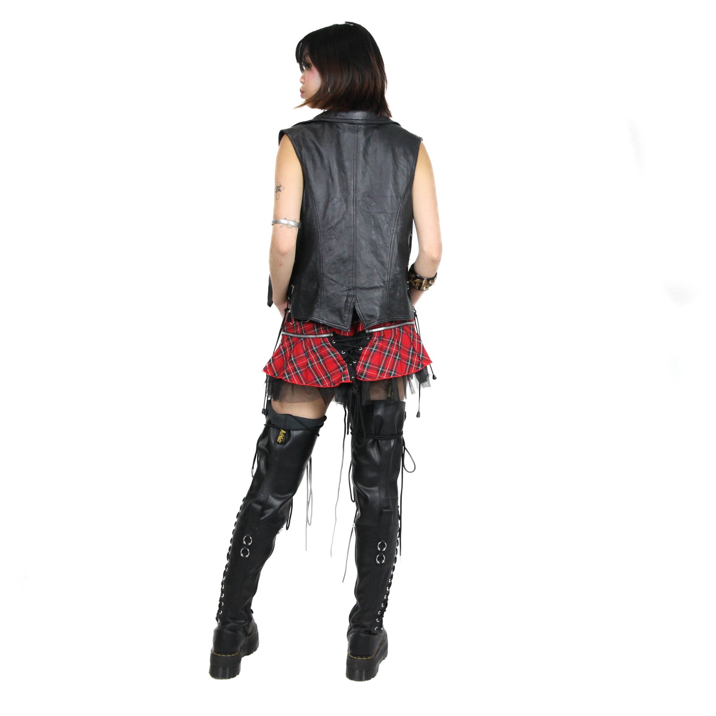 Punk-Style Red Skull Plaid Mini Skirt