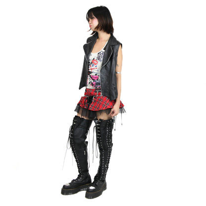 Punk-Style Red Skull Plaid Mini Skirt