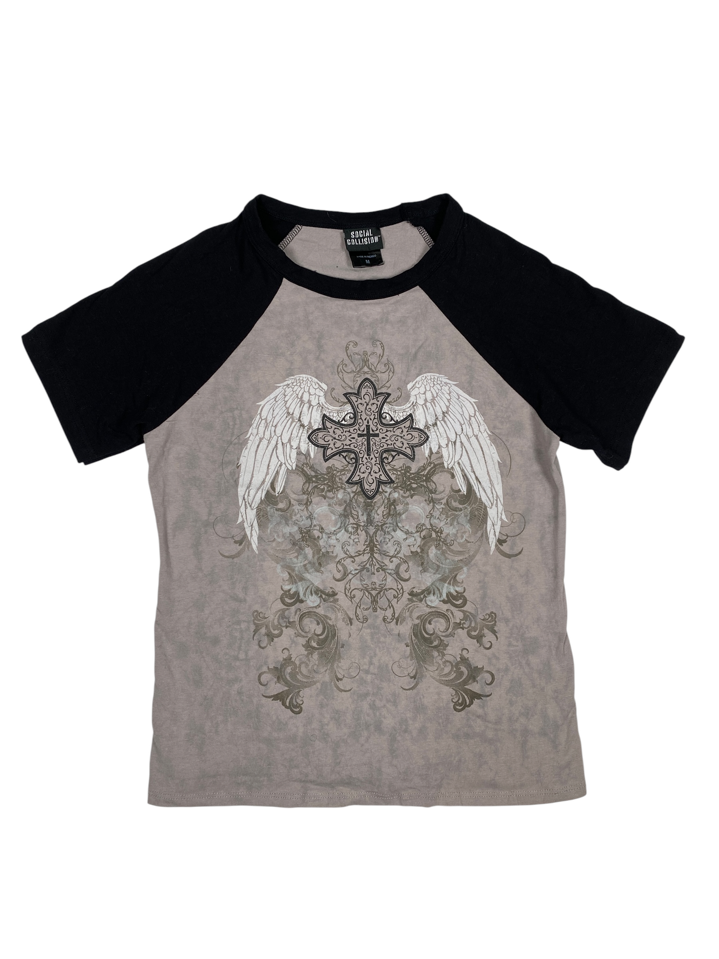 Y2K Two Toned Sleeve Cross Angle Wing Graphic Tee