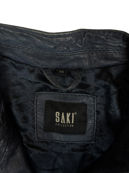Navy Buckle Collar Leather Jacket