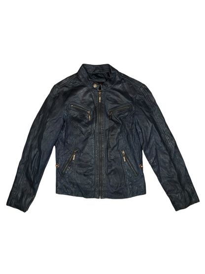 Navy Buckle Collar Leather Jacket