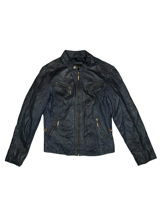 Navy Buckle Collar Leather Jacket