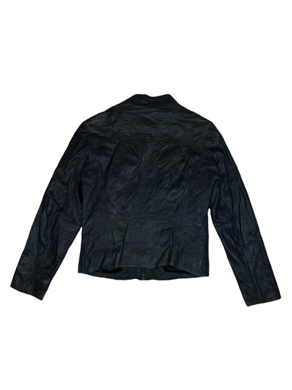 Navy Buckle Collar Leather Jacket