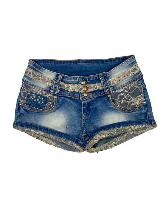 Y2K Pearl Lace Hem Mini Shorts